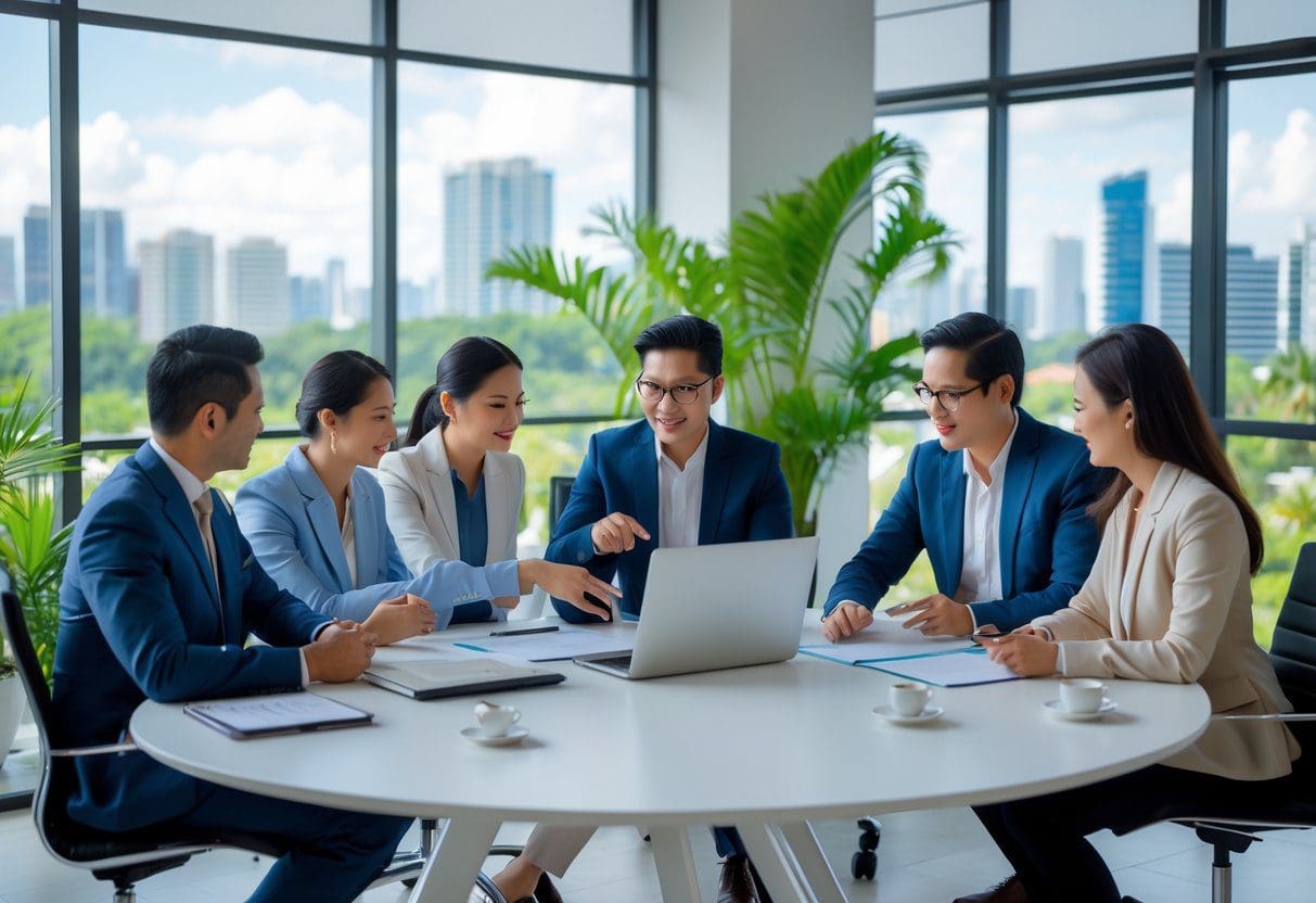 A group of six professionals having a meeting around a conference table in a bright office with city views, discussing documents and charts.