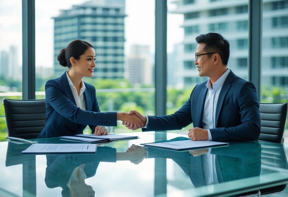 Two businesspeople in an office negotiating lease renewal with documents on the table and a view of Cebu city through large windows.