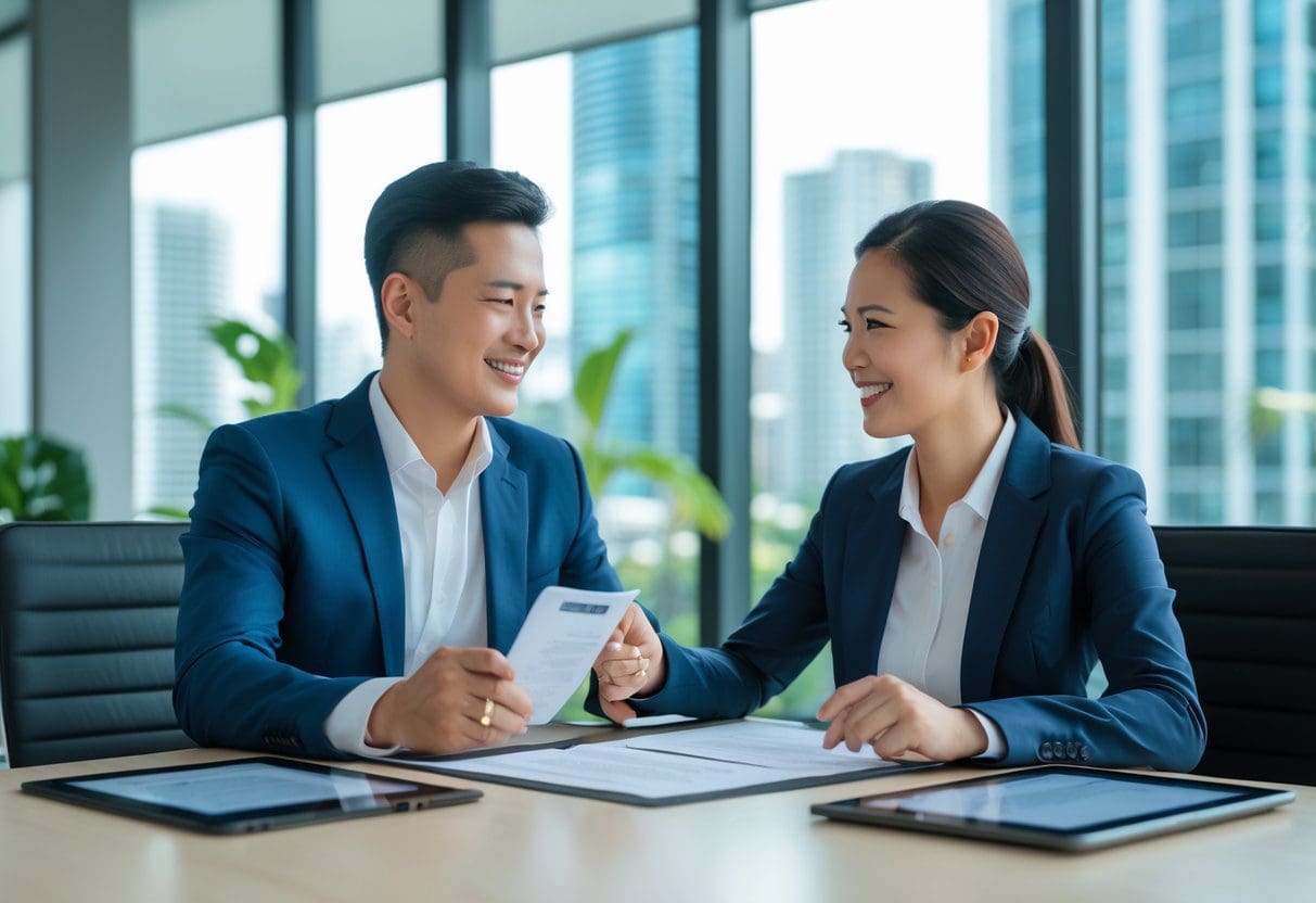 Two business professionals discussing lease renewal documents in a bright office with a city view.