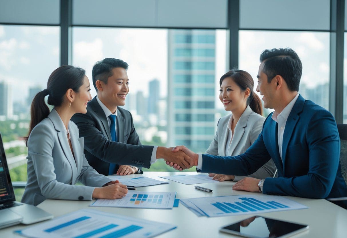 Two professionals shaking hands across a table in a bright office with documents and a laptop, symbolizing a successful business agreement.