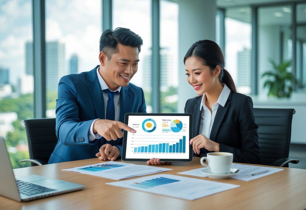Two business professionals discussing lease renewal documents in a bright office with a city view.