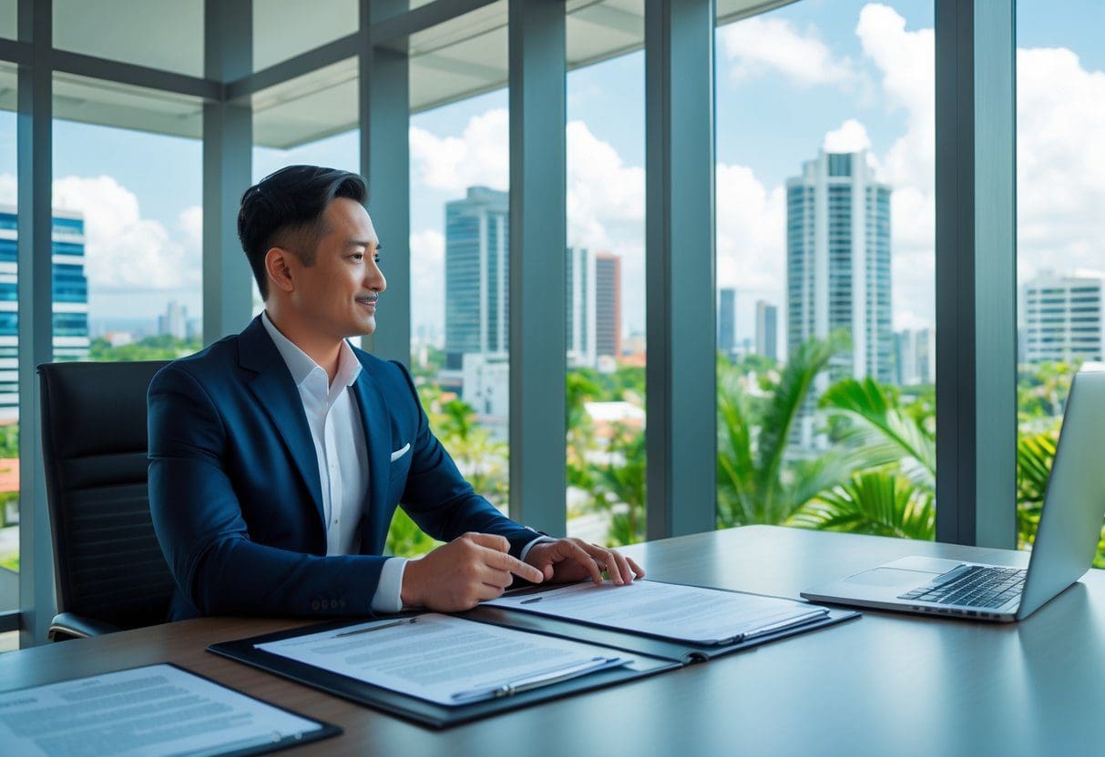 Two professionals discussing lease documents in a modern office with a view of Cebu city skyline.