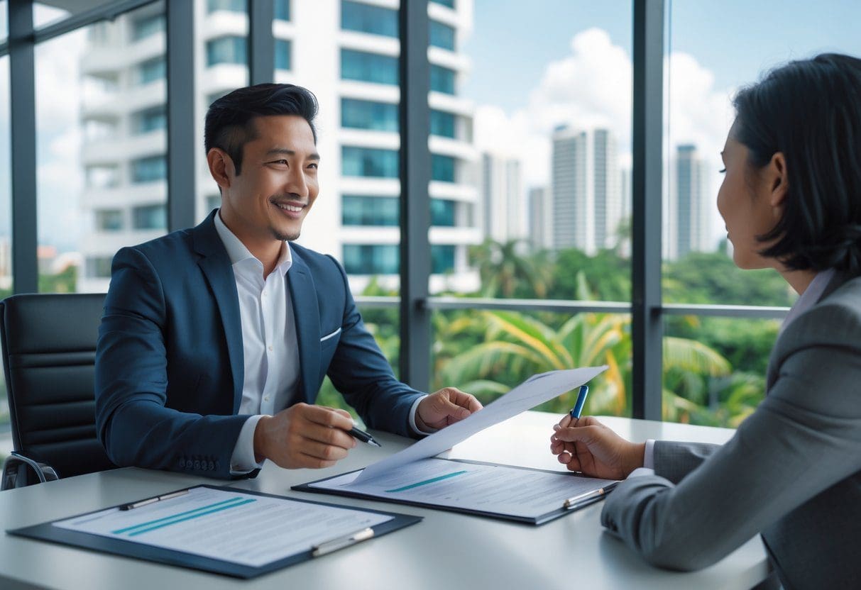 Two businesspeople discussing lease documents at a desk in an office with a view of a city and tropical plants outside the window.