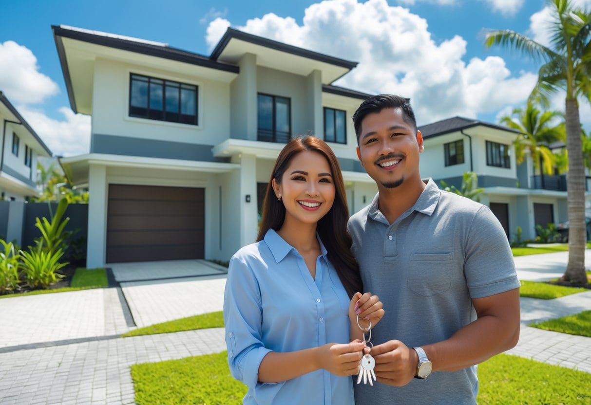 A happy young Filipino couple standing in front of a modern house in a sunny Cebu neighborhood, holding house keys and smiling.