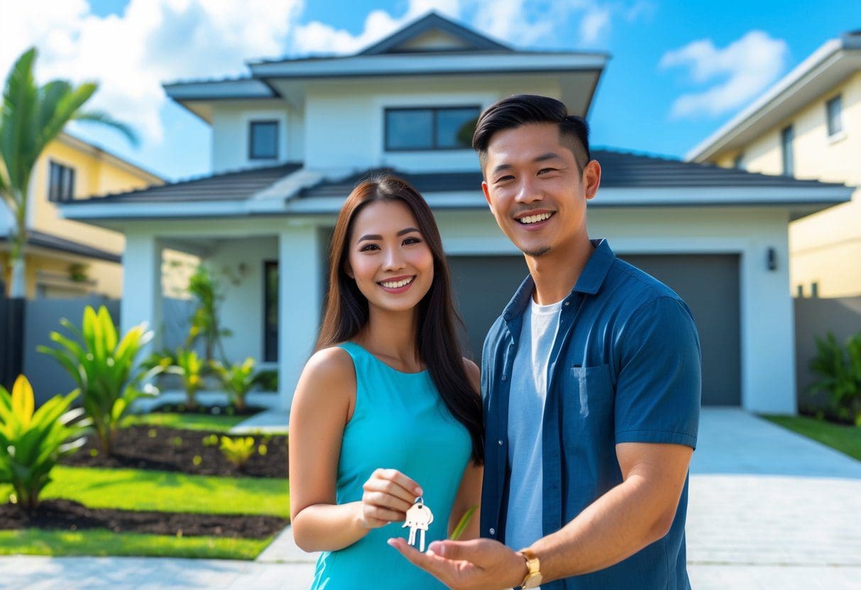 A happy young couple holding house keys in front of a modern suburban home with tropical plants and clear skies.