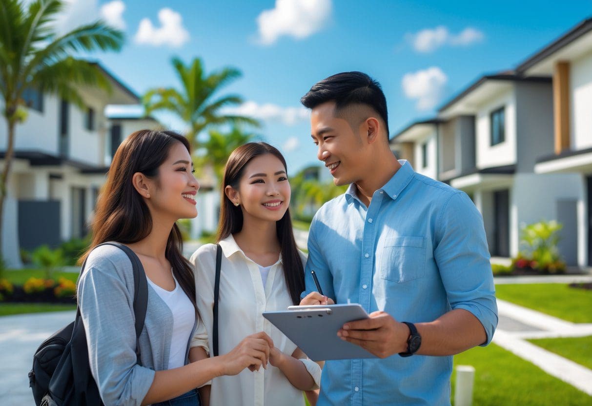 A young couple speaking with a real estate agent outside modern houses in a sunny tropical subdivision.