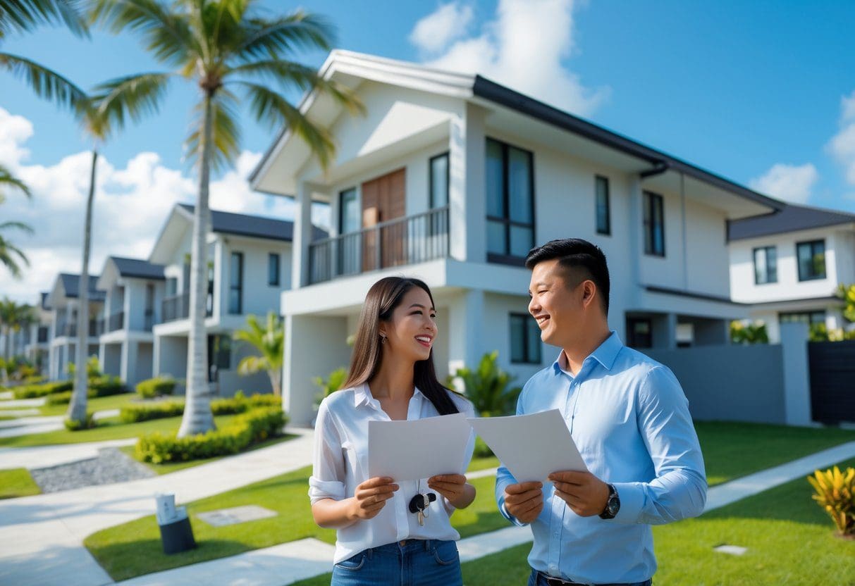 A young Filipino couple talking with a real estate agent outside a modern house in a sunny suburban neighborhood with tropical plants.