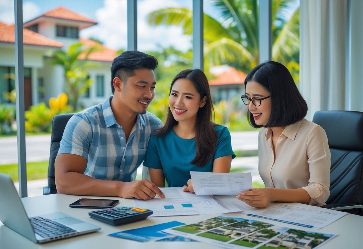A young couple talks with a real estate agent at a desk, reviewing home financing documents in a bright office with a view of a tropical neighborhood.