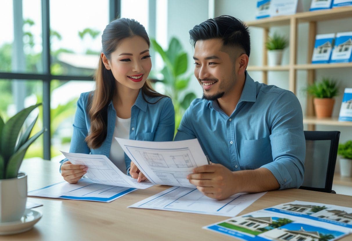 A young couple talking with a real estate agent in a bright office, looking at home plans.
