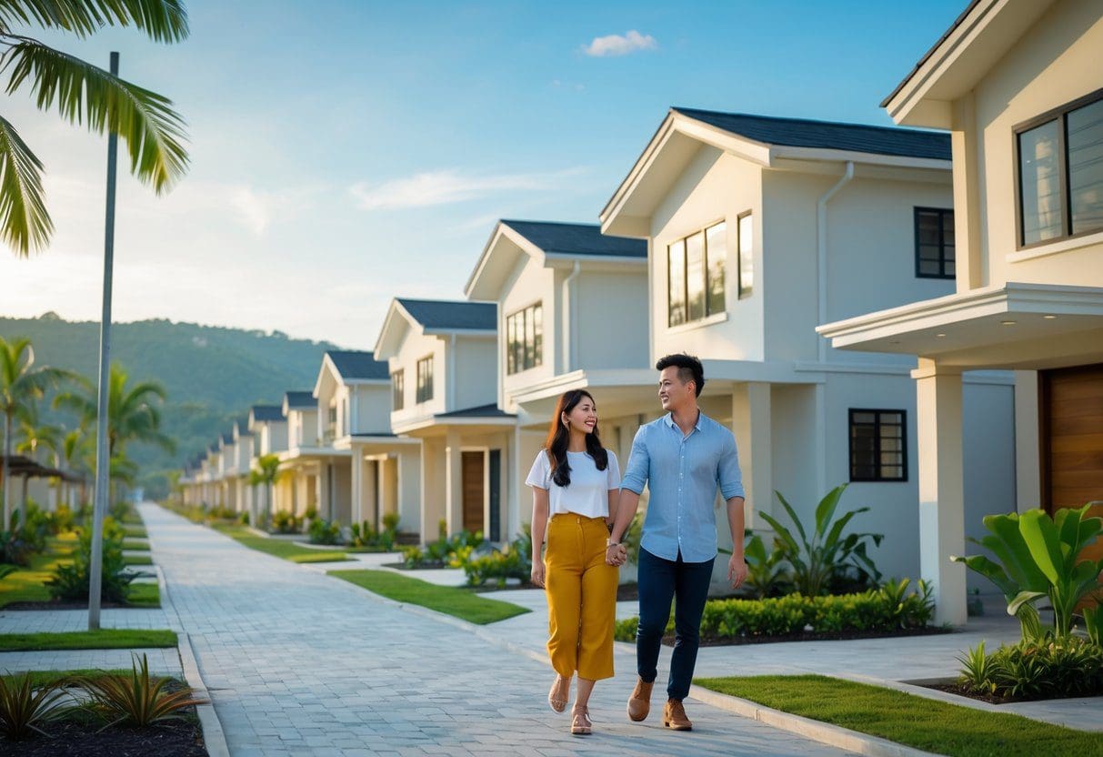 A young couple walking hand-in-hand through a sunny residential neighborhood with modern houses and tropical plants.