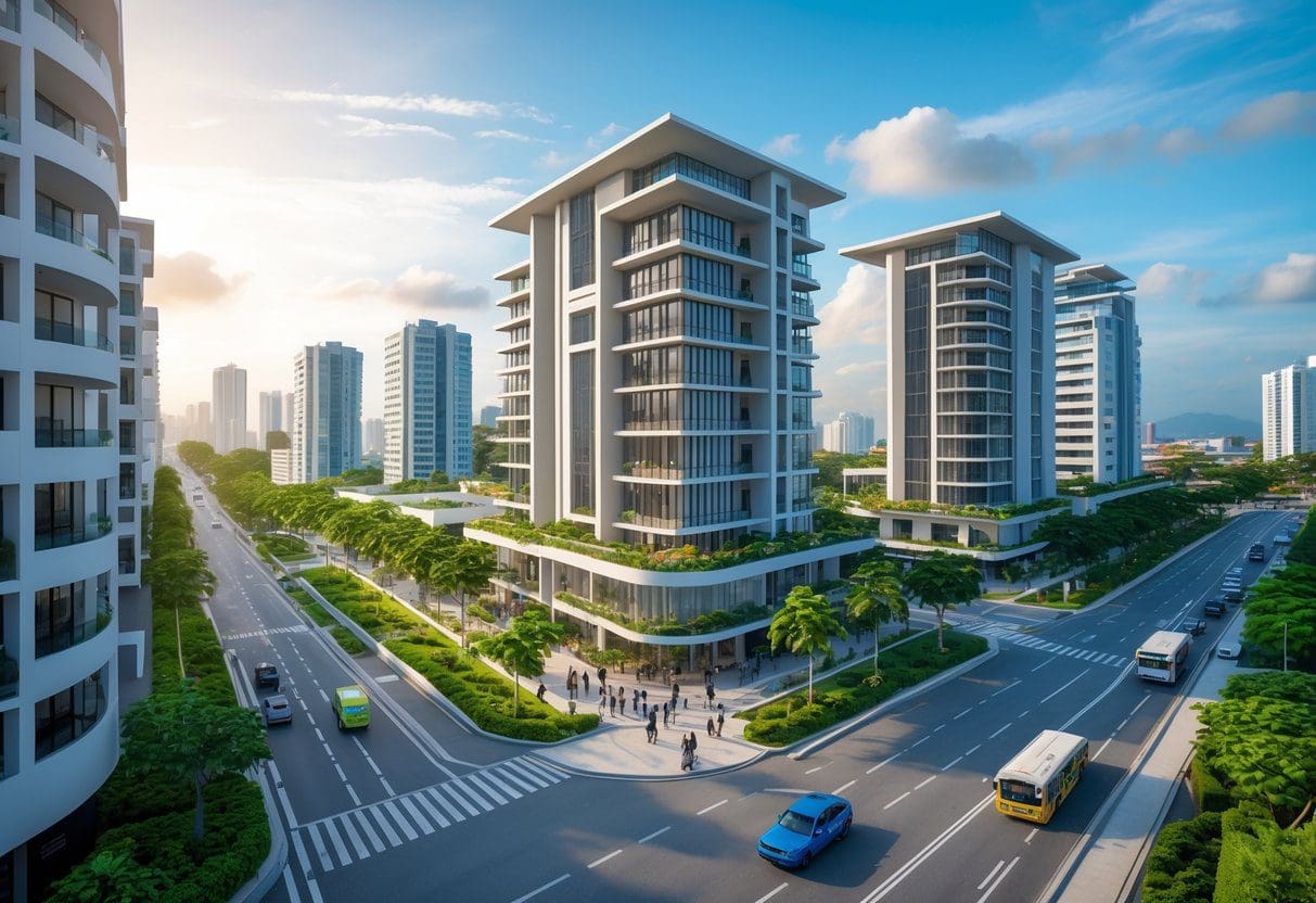Modern condominium buildings in Cebu with roads, public transportation, greenery, and people walking in a busy city setting.