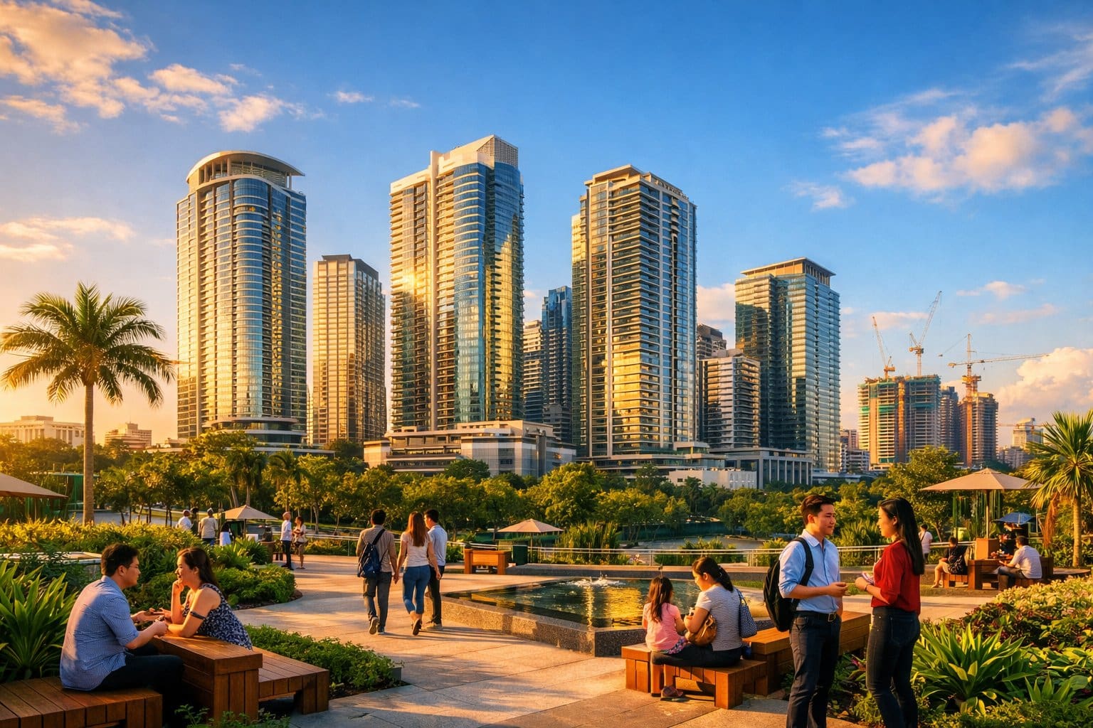 Modern high-rise condominiums in Cebu with people enjoying an outdoor landscaped area under a clear sky.