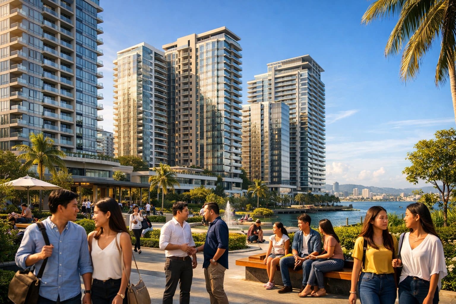 Modern condominium buildings in Cebu with people enjoying outdoor spaces under a clear sky.