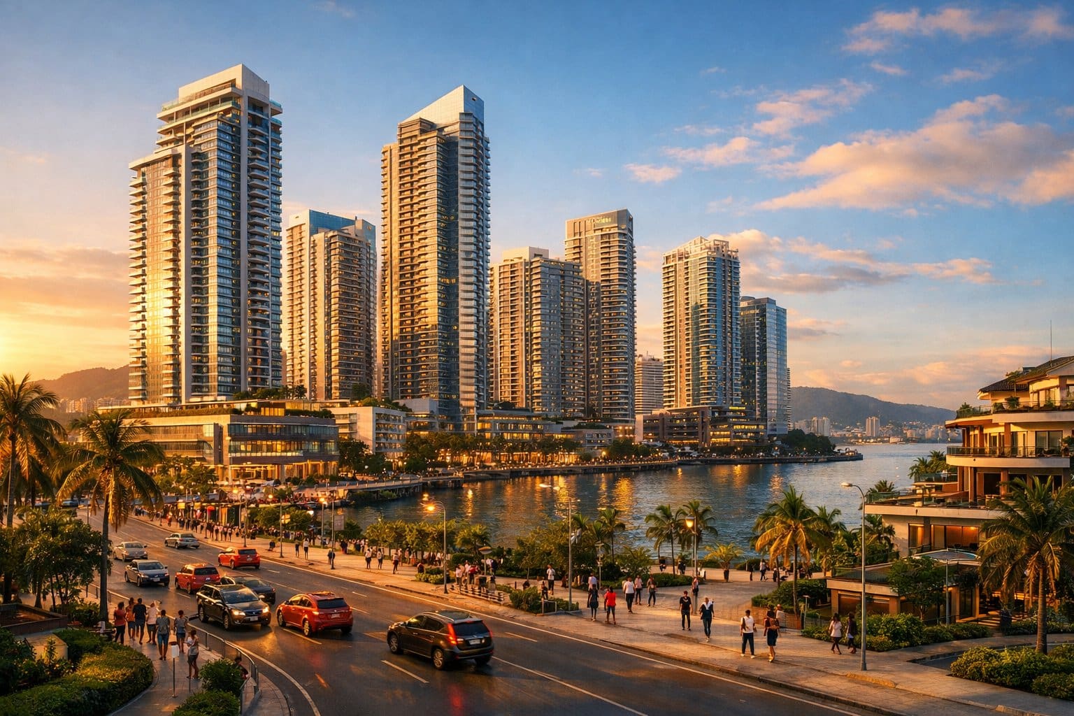 Cityscape of Cebu with modern high-rise condominiums near the waterfront and busy streets under a clear sky.