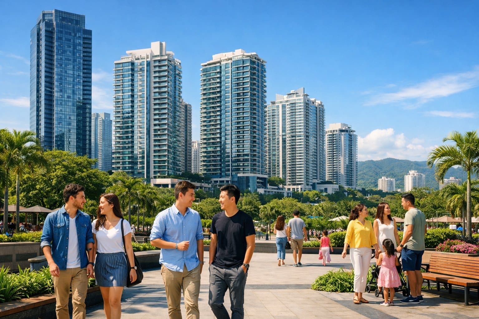 Modern high-rise condominiums in Cebu City with people walking in a green urban area under a clear sky.
