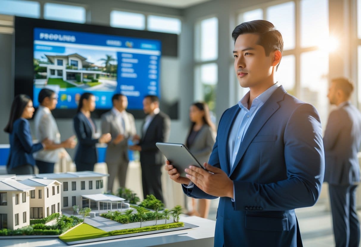 A person attending a property auction in a bright room with other bidders and property information displayed on a screen.