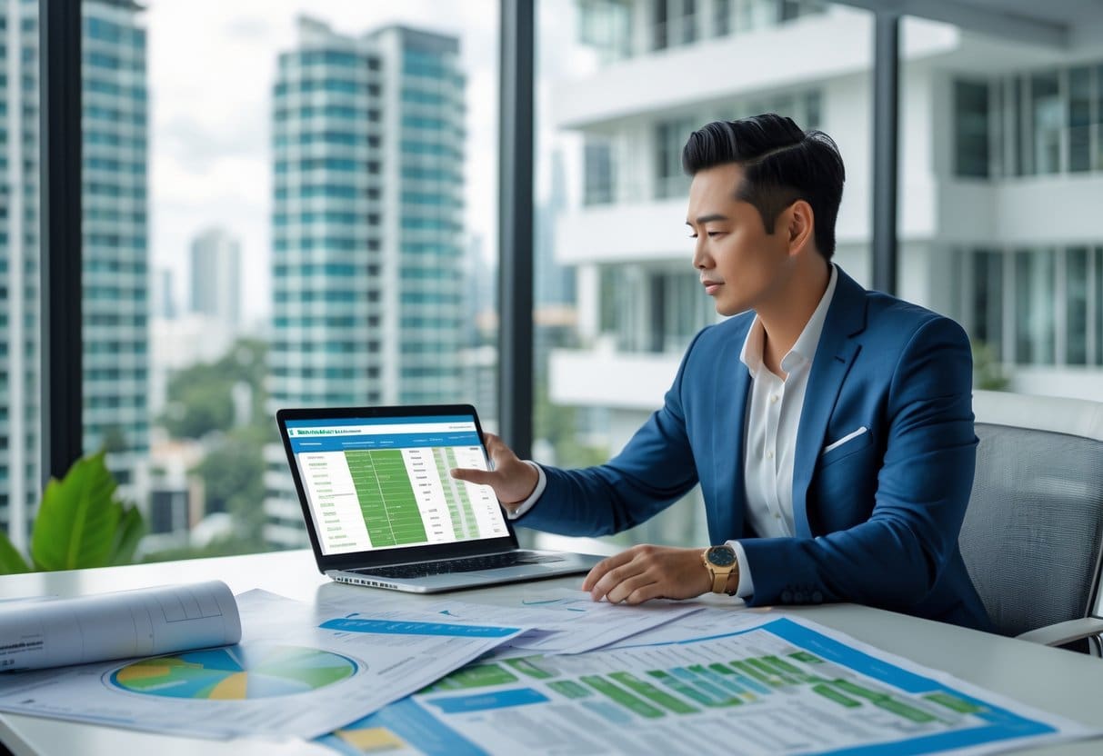 A person reviewing property documents and a laptop in an office with a city view.