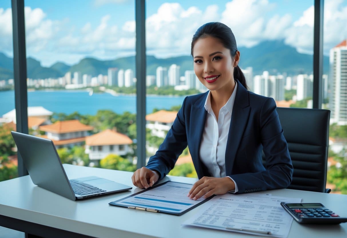 A person at a desk reviewing financial documents and using a calculator with a cityscape view of Cebu in the background.