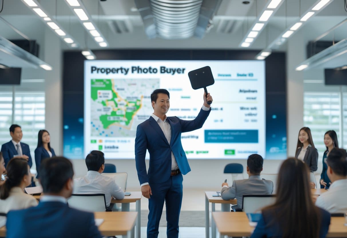 A person raising a bidding paddle at a property auction with other attendees and a screen showing property details in the background.