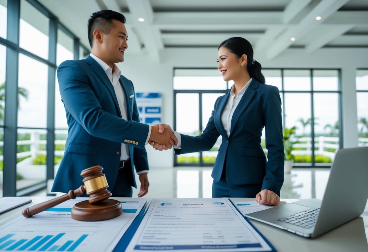 A man and woman shaking hands with an auctioneer while reviewing property documents in a bright auction room.