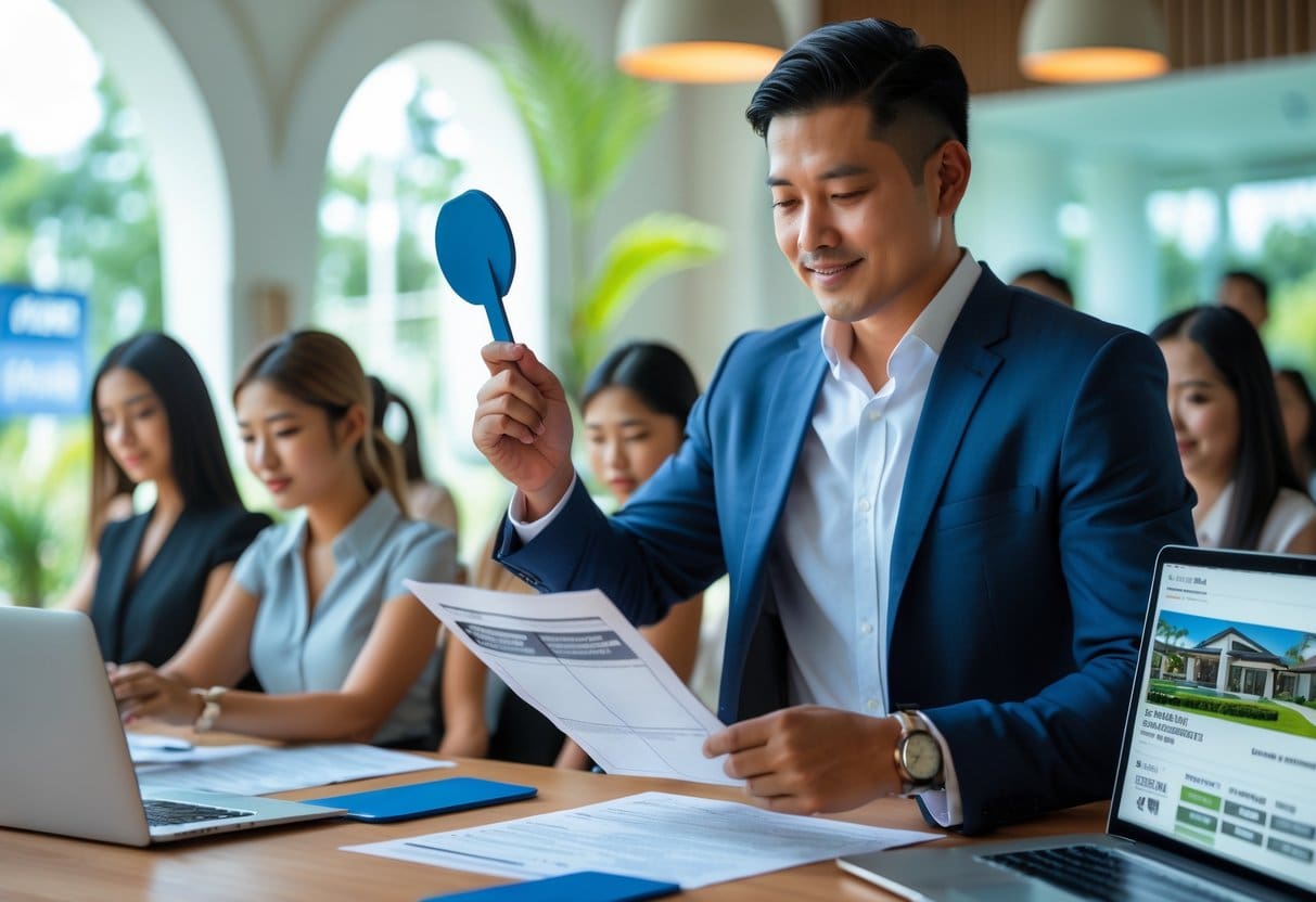 A person participating in a property auction, reviewing documents and raising a bidding paddle in a bright auction room.
