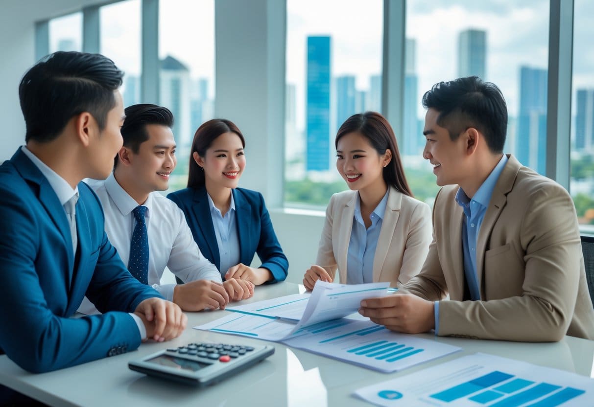 A young couple consulting with a bank loan officer and a PAG-IBIG representative in a modern office while reviewing property loan documents.