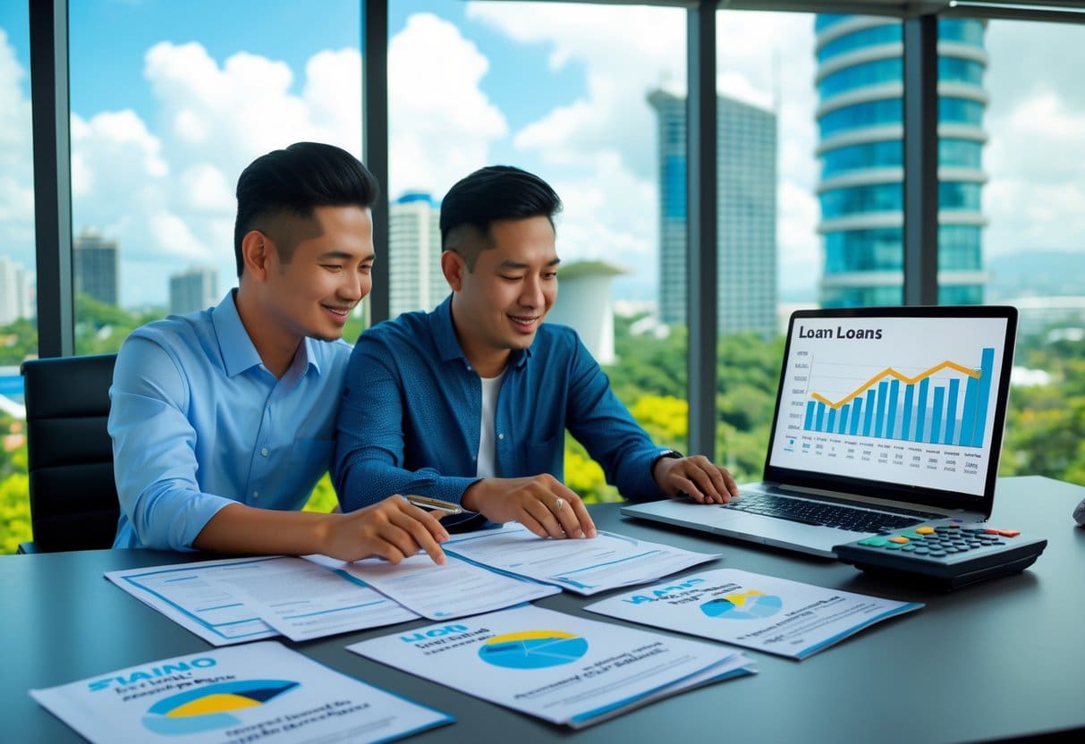 A young Filipino couple reviewing financial documents and a laptop in an office with a view of Cebu's city skyline.
