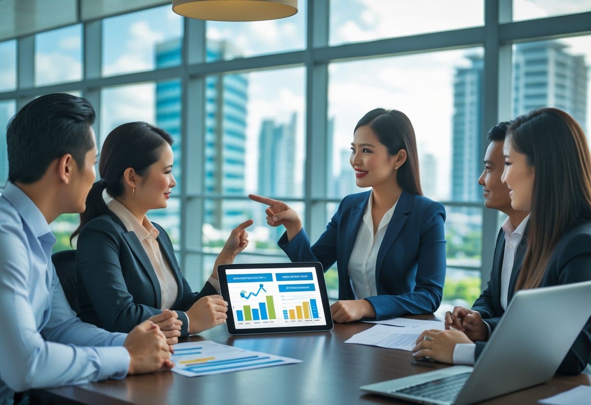 A group of Filipino professionals discussing property loan options around a table with financial documents and digital devices in a bright office overlooking Cebu city.