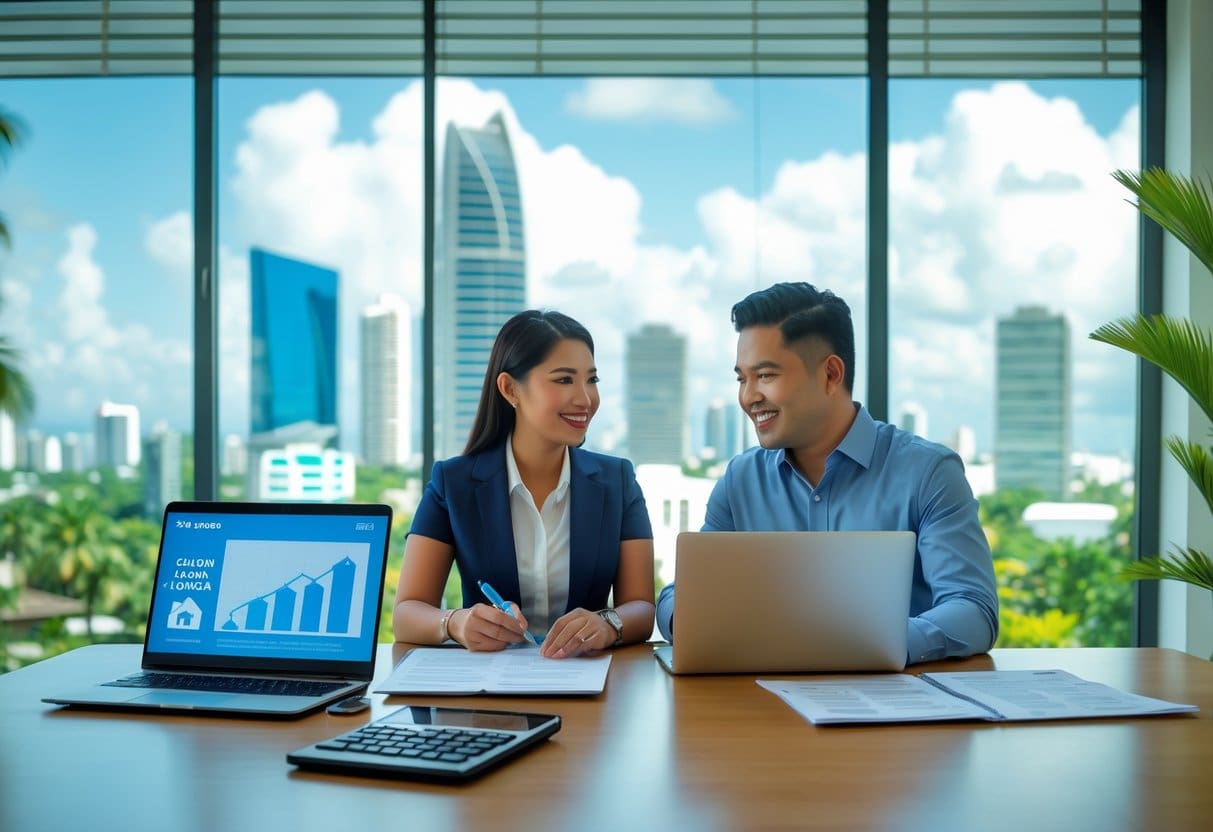 A Filipino couple discussing home loan options with a bank loan officer in a modern office with a view of Cebu city in the background.
