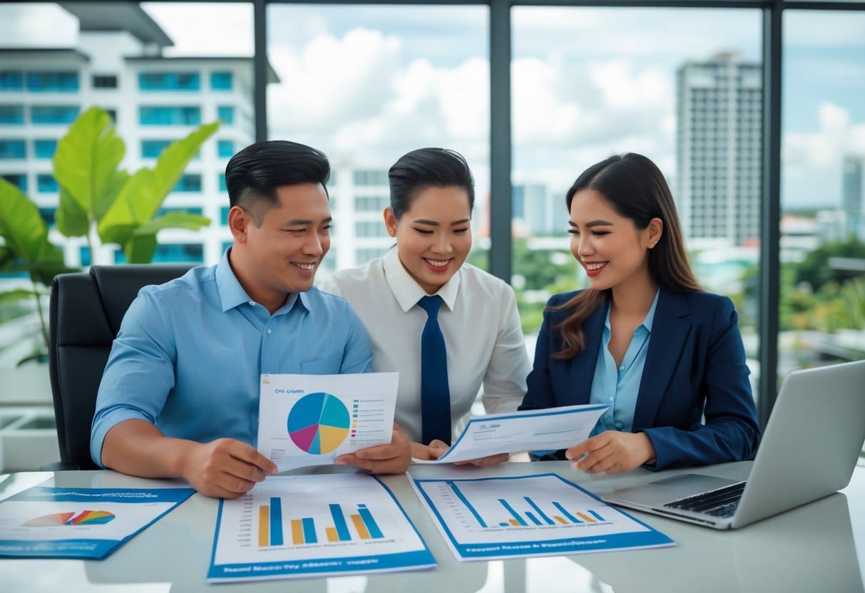 A Filipino couple discussing home loan options with a financial advisor in a modern office overlooking Cebu city.