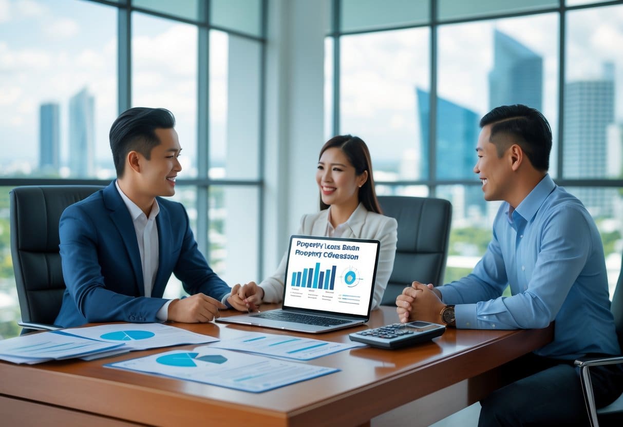 A Filipino couple discussing property loan options with a financial advisor in a modern office with a city view of Cebu in the background.