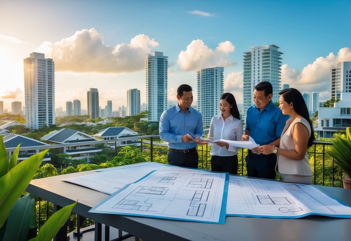 A group of people discussing real estate plans on a terrace overlooking a city skyline with buildings and homes under clear blue skies.