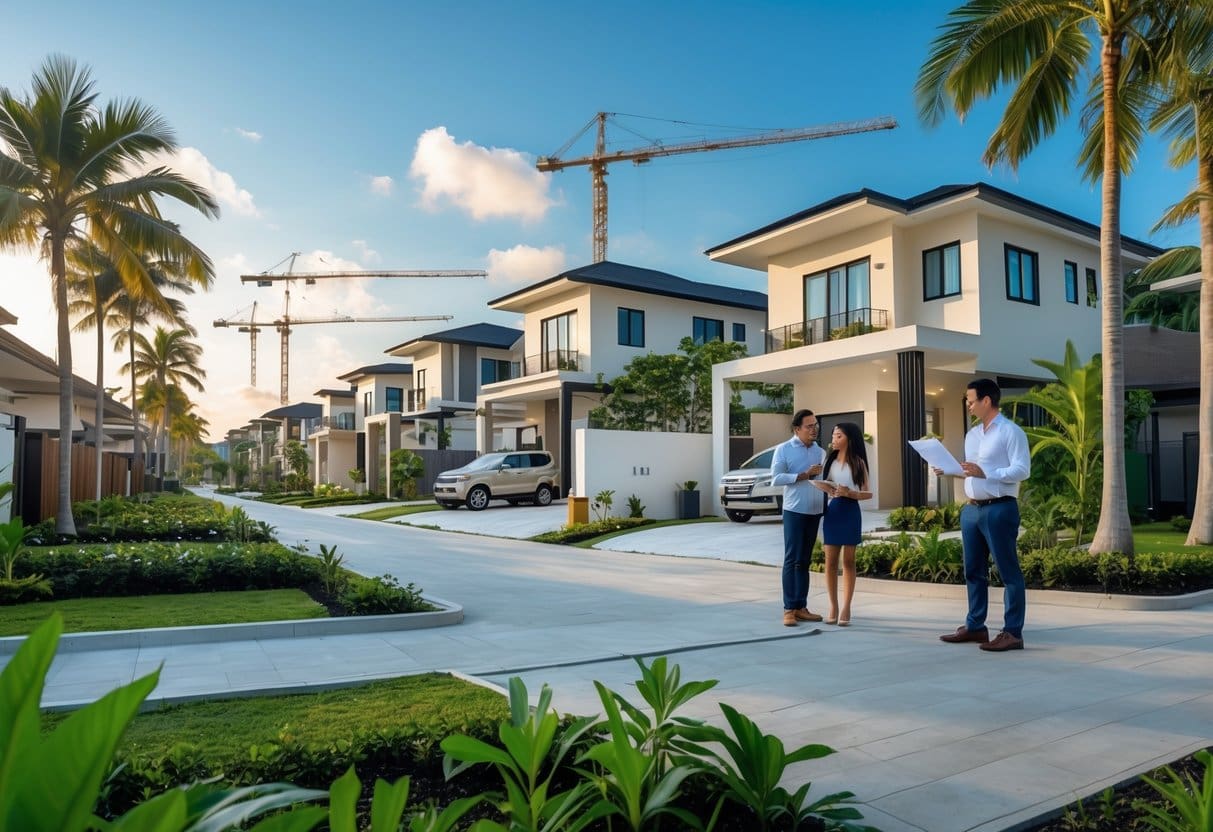 A couple talking with a real estate agent near houses and construction sites surrounded by tropical trees in a sunny neighborhood.