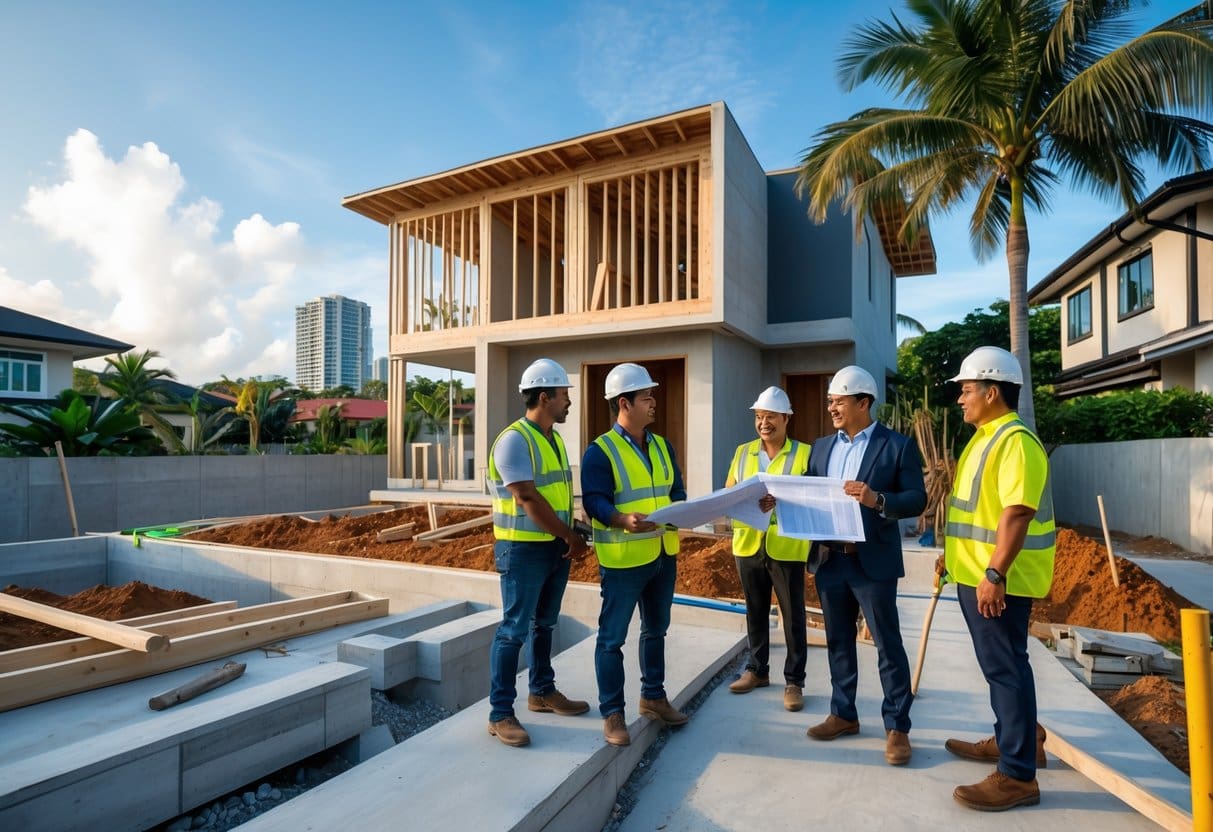 A construction site in Cebu with workers discussing plans near a partially built house and city buildings in the background.