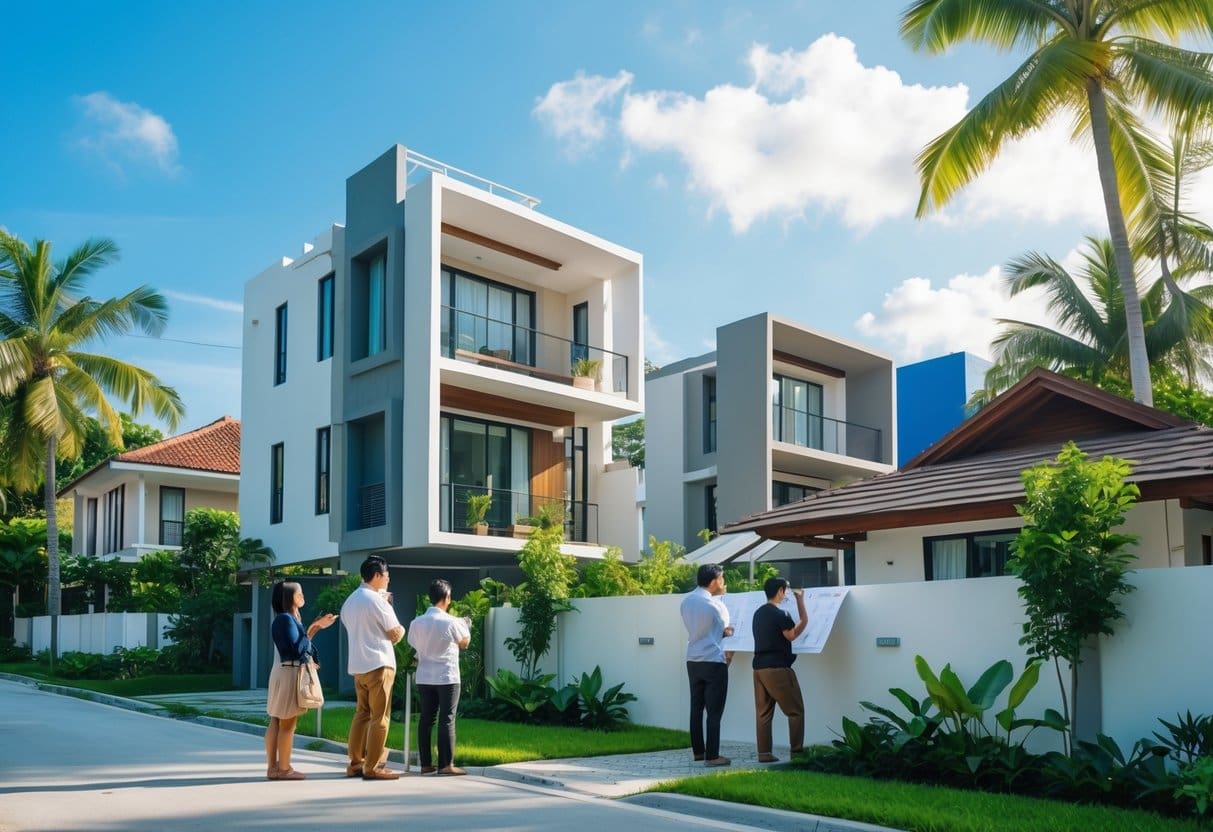A view of modern residential buildings and a traditional house in Cebu with people discussing architectural plans outdoors.