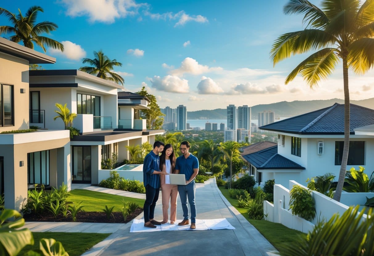 A young couple reviewing blueprints and a laptop outdoors with modern houses and a cityscape of Cebu in the background.
