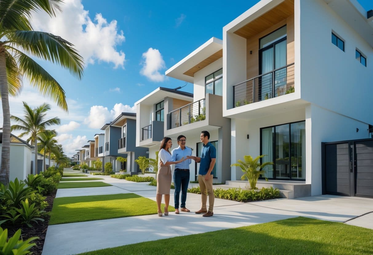 A couple talking with a real estate agent in a tropical neighborhood with new houses and construction sites in the background.
