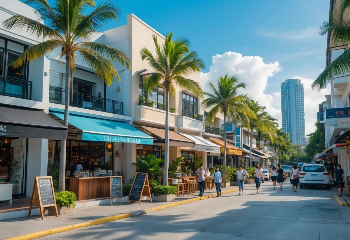A sunny street in Cebu with small commercial buildings, people interacting, and palm trees lining the sidewalk.