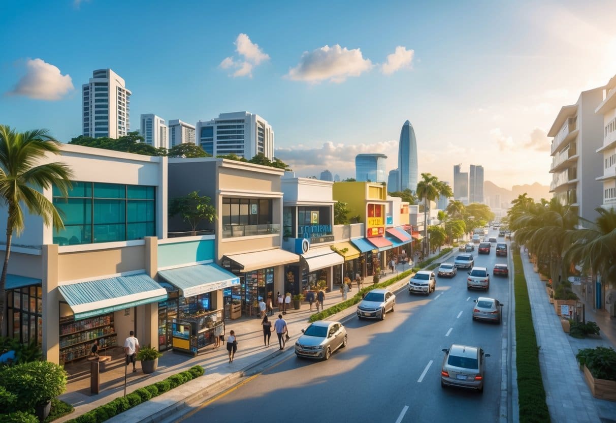 A busy urban street in Cebu with small commercial buildings, people walking, and light traffic under a clear sky.
