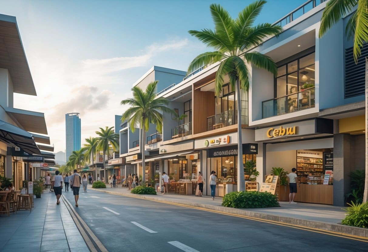 A busy street in Cebu with small commercial buildings, shops, cafes, people walking, and tropical trees under a clear sky.