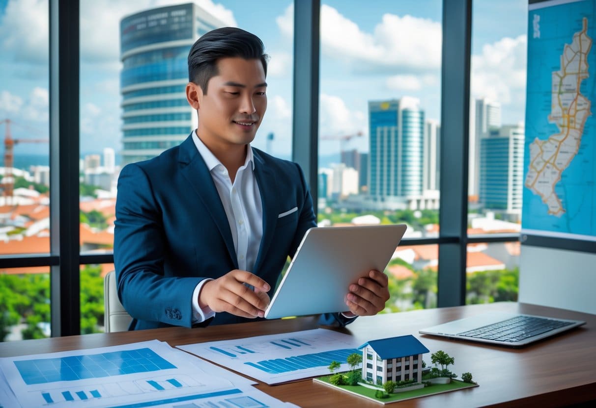 A businessperson in an office reviewing documents and digital charts with a cityscape of Cebu and commercial buildings visible through large windows.