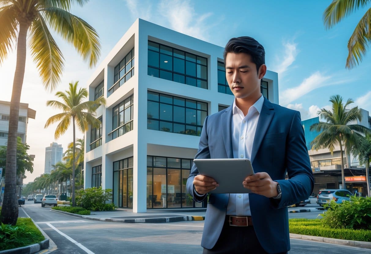 A modern small commercial building in Cebu with a business professional reviewing documents outside, surrounded by tropical trees and city buildings under a clear sky.