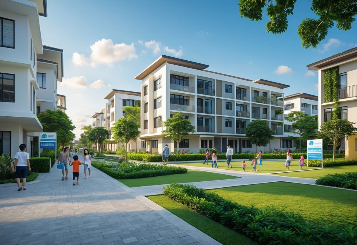 A neighborhood in Cebu with a school building, children playing outside, and residential homes nearby.