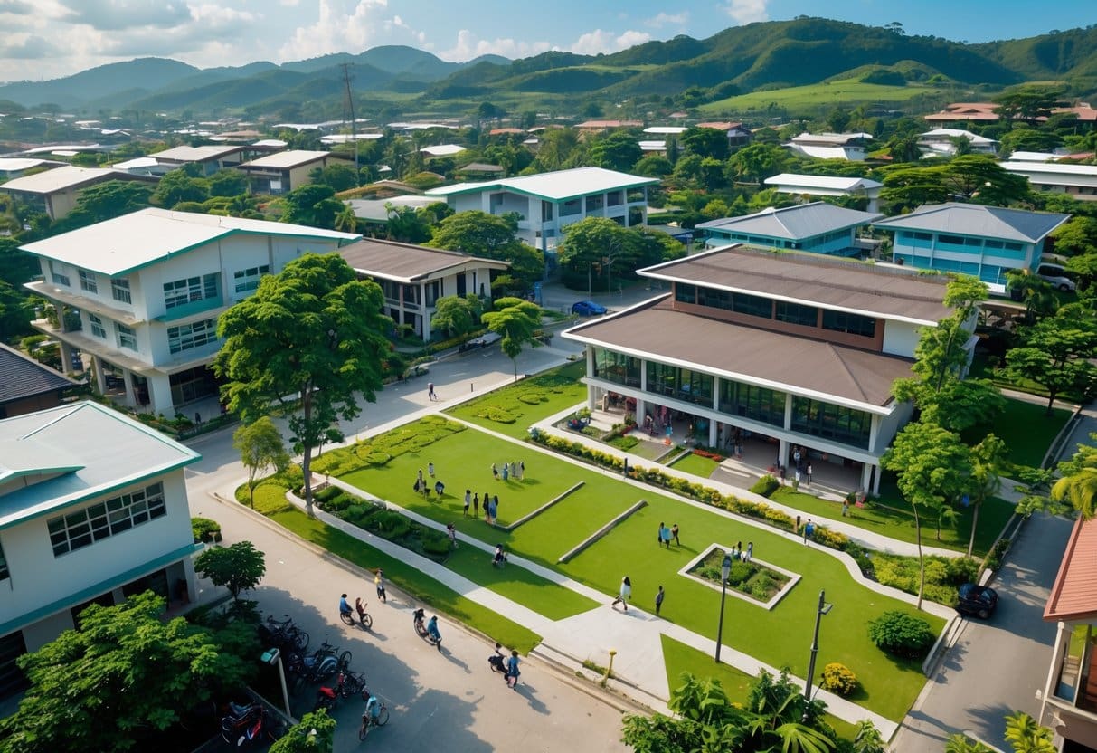A neighborhood in Cebu with houses near a modern school campus, students walking on school grounds, and trees under a clear sky.