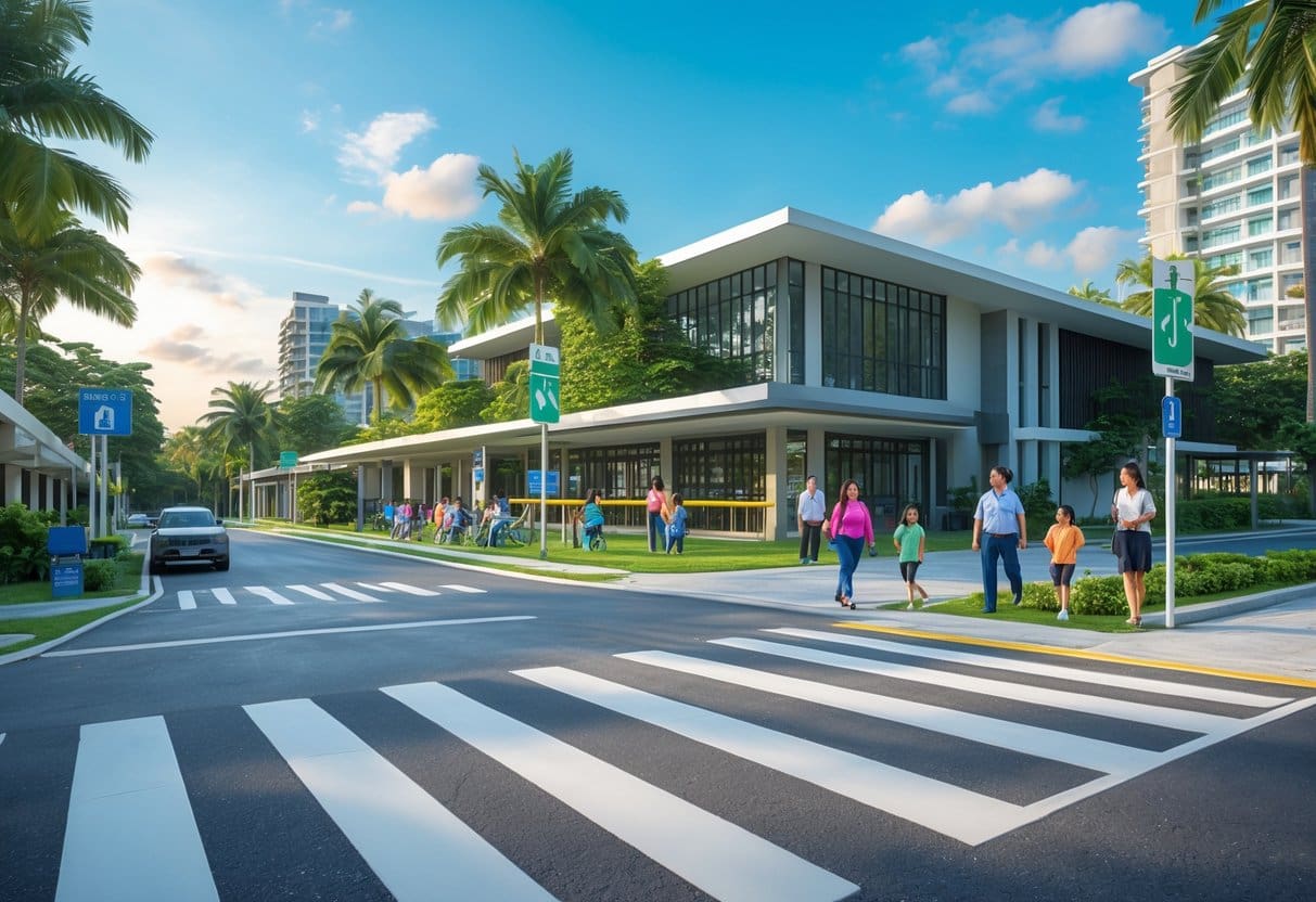 A modern school zone with a school building, families walking nearby, pedestrian crossings, and residential buildings in the background.