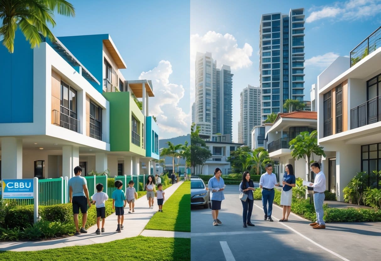 A neighborhood split between residential homes near a school and a busy cityscape with high-rise buildings, showing families and real estate agents interacting outdoors.