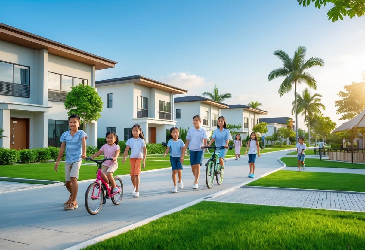 A sunny residential neighborhood with families and children near modern school buildings surrounded by trees and playgrounds.