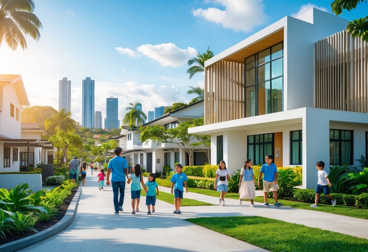 Families with children near a modern school building in a residential neighborhood with houses and city skyline in the background.