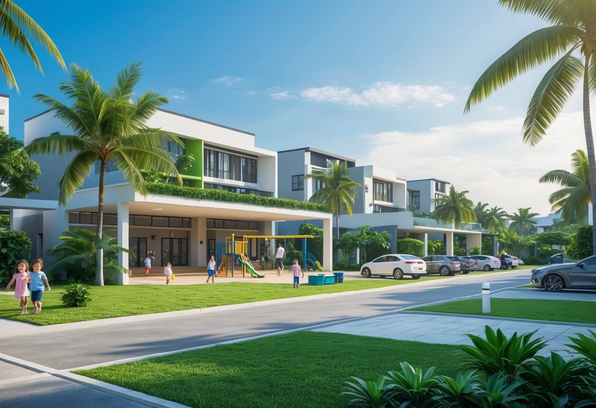 A neighborhood in Cebu with modern homes, a school with children playing outside, and green trees under a clear blue sky.