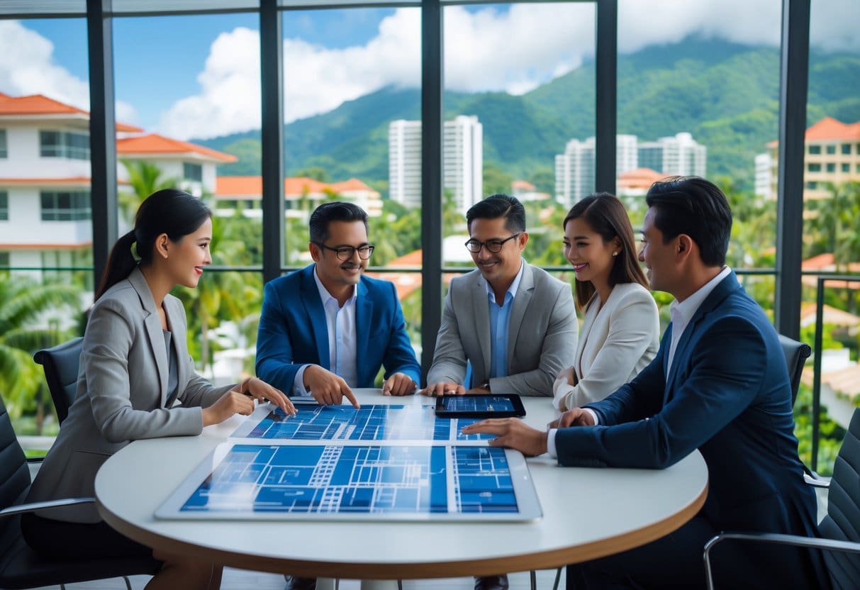 Four business professionals discussing architectural plans at a conference table with a cityscape visible through large windows.